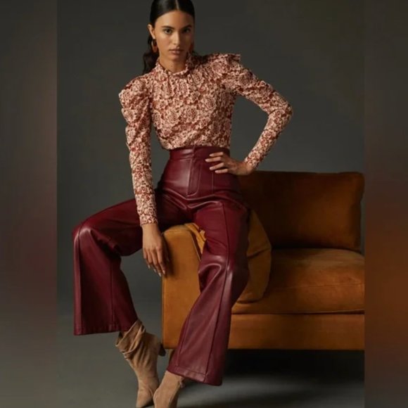 NWT 7 For All Mankind Burgundy Vegan Leather Bootcut Pant - Picture 1 of 8